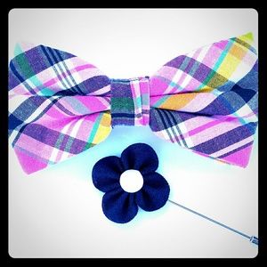 Exclusive Pink Plaid Bow with Navy Lapel Accent